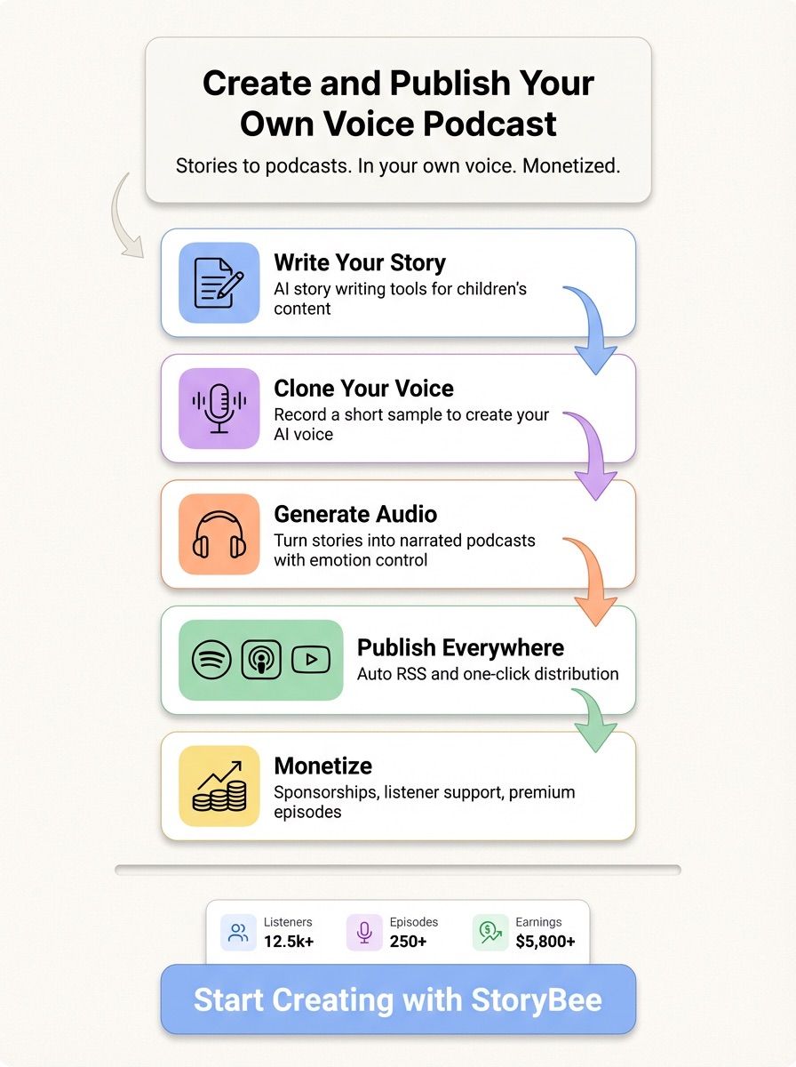StoryBee AI Infographic: Story Writing → Voice Cloning → Audio Generation → Publishing → Monetization