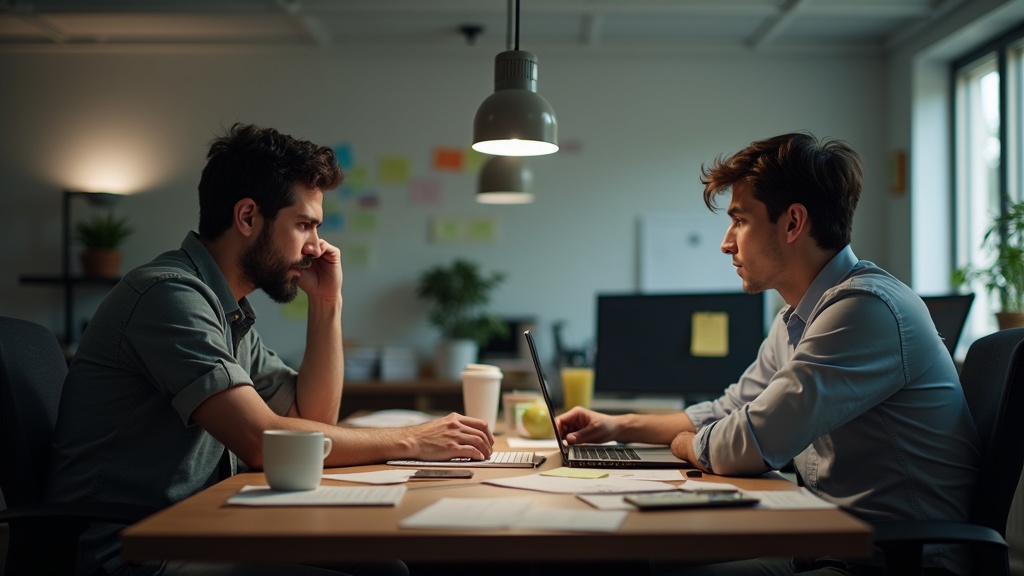 A frustrated founder sits at a messy desk while a neatly dressed engineer looks frozen and out of place